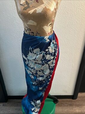Fashion Nova Blue Floral Swim Sarong with Red Side Trim